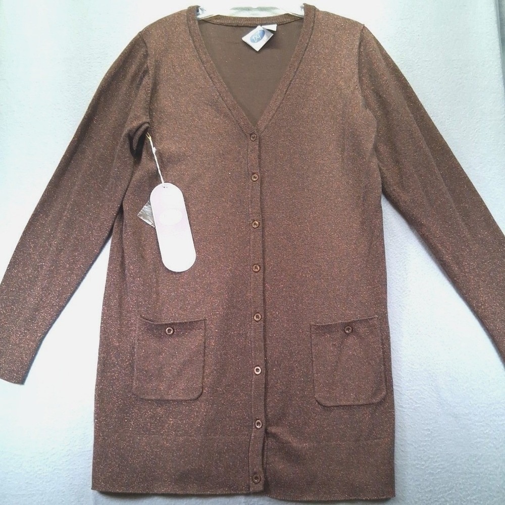 DG2‎ Diane Gilman Metallic Brown Longline Cardigan Sweater V-Neck Pockets Medium